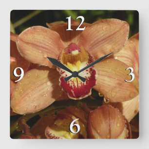 Persika Orchids med regndroppar Fyrkantig Klocka