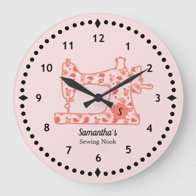 Persika Paisley Sewing Maskin Large Clock Stor Klocka (Framsida)