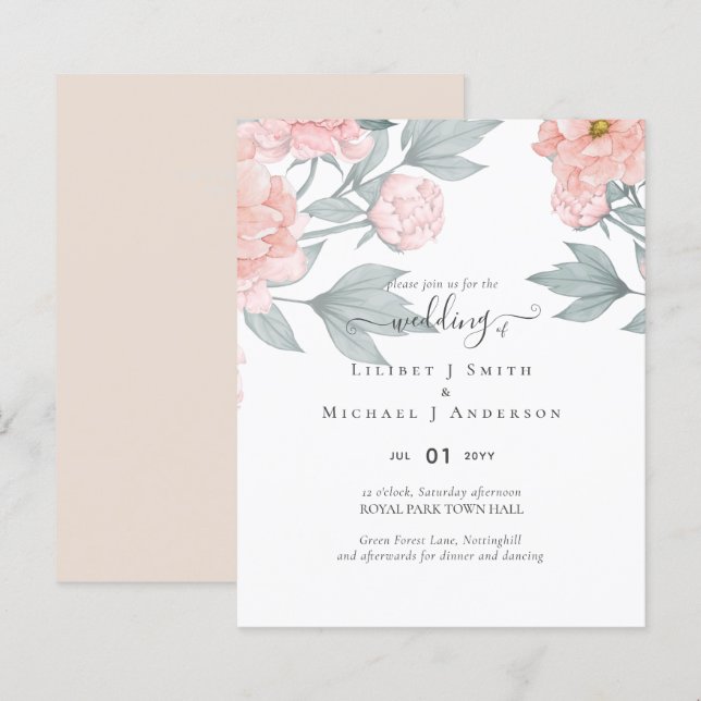 Persika Peonies Salvia Blommig Budget Bröllop (Fram/baksida)