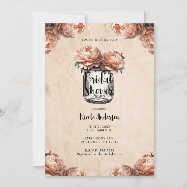 Persika Peony Murar Vas Rustik Bröllopsfest Inbjudningar (Framsida)