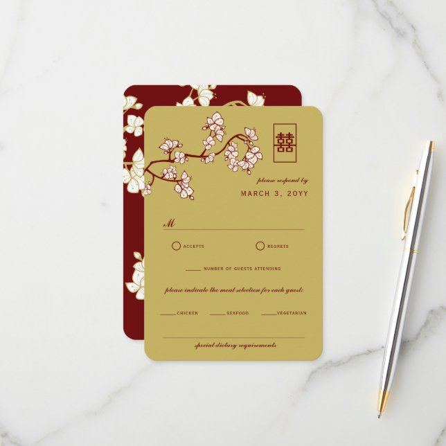 Persika/plommon Blommar Röd Dubbla Happity Bröllop OSA Kort (Fram/Back In Situ)