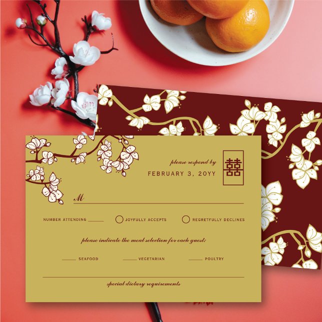 Persika/plommon Blommar Röd Dubbla Happity Bröllop OSA Kort (Peach/Plum Blossoms Red Double Happiness Wedding RSVP Card @ fatfatin_red_knot)