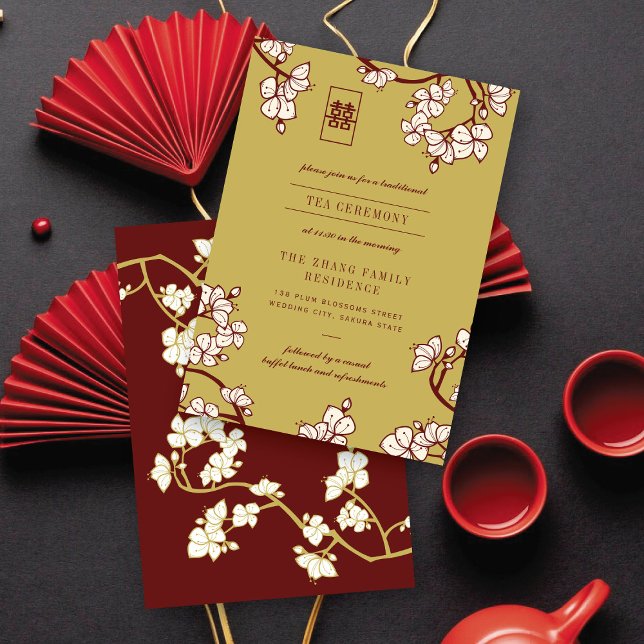 Persika/Plommonblommor 囍 Kinesisk Bröllops-Te-Cere Tilläggskort (Peach/Plum Blossoms Double Happiness Chinese Tea Ceremony Enclosure Card @ fatfatin_red_knot)