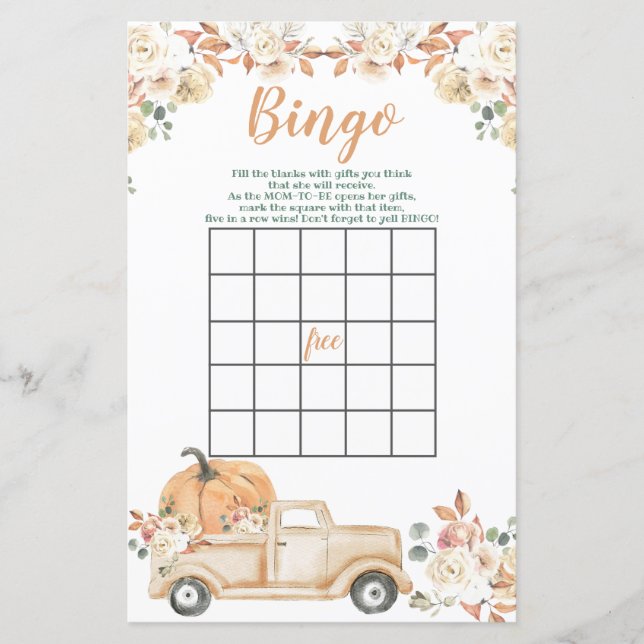 Persika Pumpa Rustik Lastbil Baby Shower Bingo Spe (Framsida)