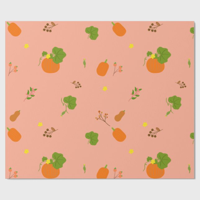 Persika Pumpa Trädgård Botaniskt Mönster Presentpapper (Platt)