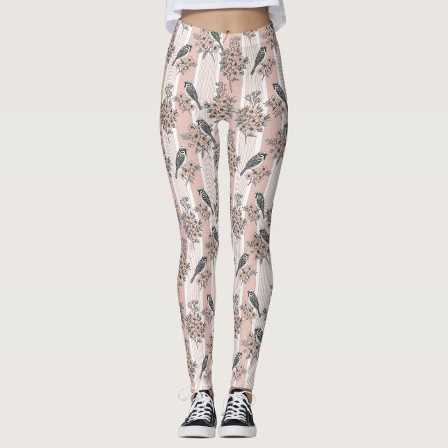 Persika Randig Blommig Fågel Elegant (2) Leggings (Framsida)