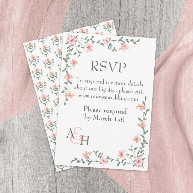 Persika Ro, Vinjekort för läder-Grönt, Bröllop OSA (lilac, purple, peach mixed floral patterns, rose vines, border corner wedding rsvp enclosure card)