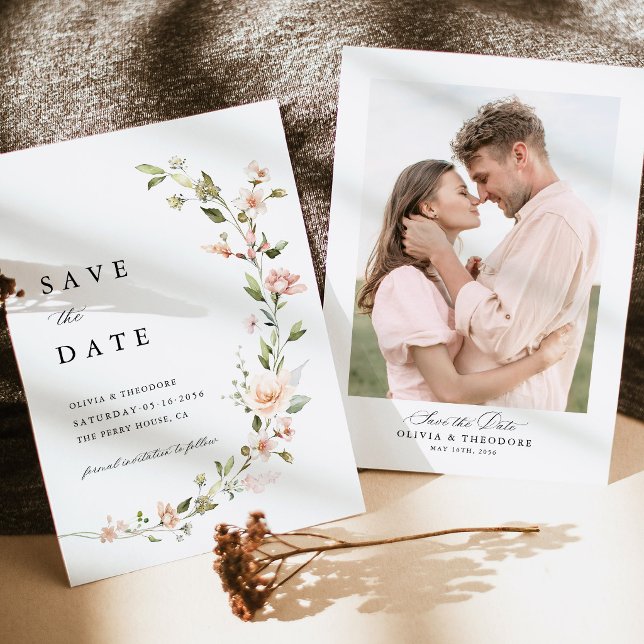 Persika Röda Blommiga Foto Bakgrund Bröllop Spara Datumet (Peach Blush Floral Photo Save the Date, Blush Pink Garden Wedding Announcement Engagement Photo Card)