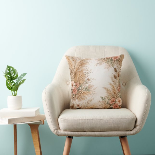 Persika Röda Boho Pampas Blommig Ram Kudde (Stol)