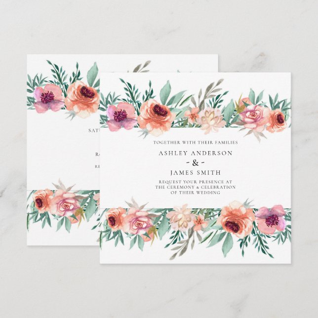 Persika & Rosa Akvarellblommor Modern Bröllopsdeko Inbjudningar (Fram/baksida)