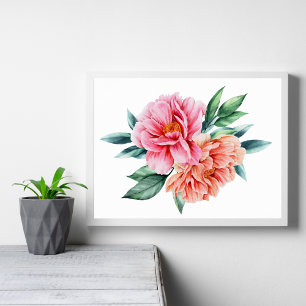 Persika Rosa Blommig Blommor Pioner Väggkonst Affi