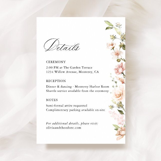 Persika Rosa Blommig Bröllopsinformation, Detaljer Tilläggskort (Peach Blush Floral Wedding Details Card, Ceremony Reception Information Card, Botanical Stationery)
