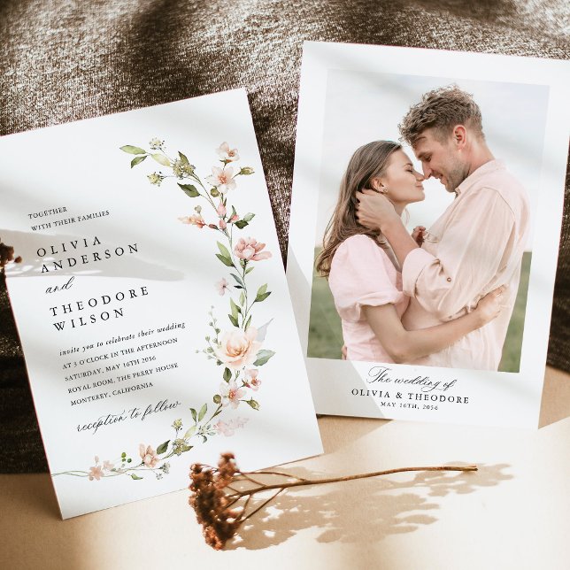Persika Rosa Blommig Foto Bak Bröllop Inbjudningar (Peach Blush Floral Photo Wedding Invitation, Garden Watercolor Wedding Stationery, Photo Back Invite)