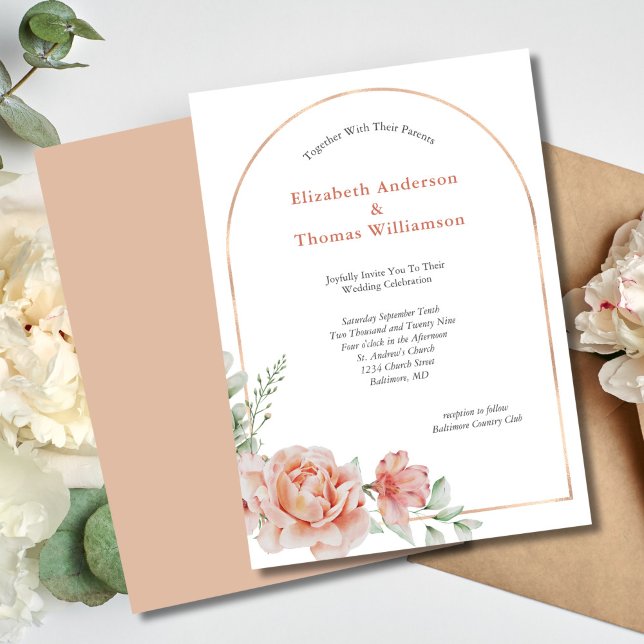 Persika Rosa Blommig Valvbord Elegant Bröllop Inbjudningar (Peach Floral Elegant Modern Arch Wedding invitation)
