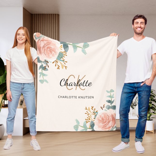 Persika rosa blommigt greenery monogram namn fleecefilt (Skapare uppladdad)