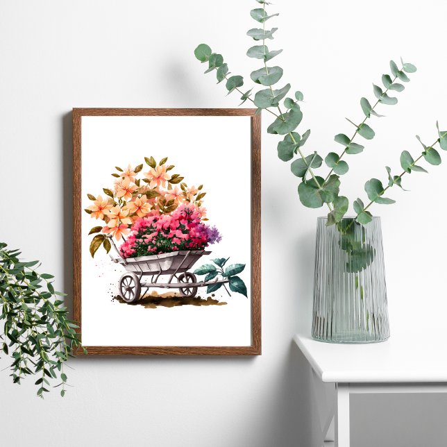 Persika Rosa Flowers in White Wheel Barrel Greener Poster (Peach Pink Flowers in Wheelbarrel Watercolor Art poster.)
