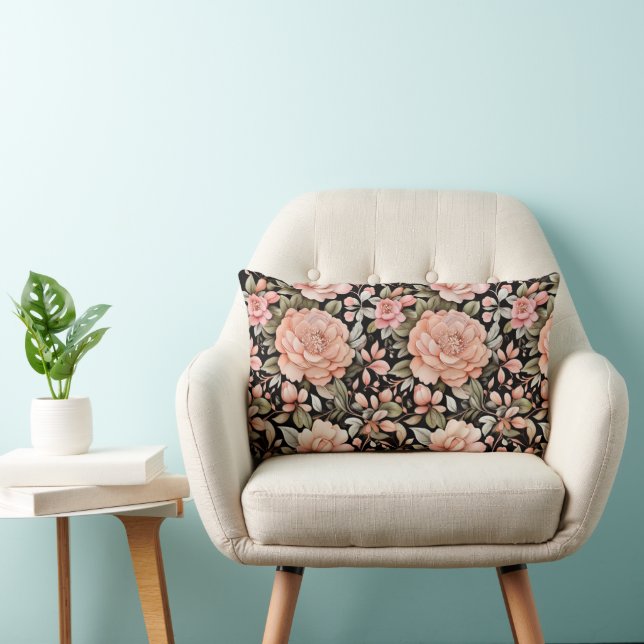 Persika Rosa Grönska Svart Bakgrund Blommig Blomma Lumbarkudde (Stol)