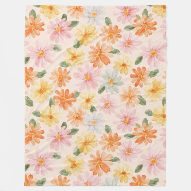 Persika Rosa Gult Blå Blommor Fleecefilt (Framsidan)