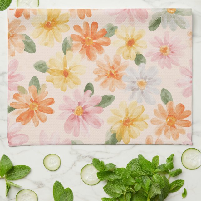 Persika Rosa Gult Blå Blommor Kökshandduk (Vikta)