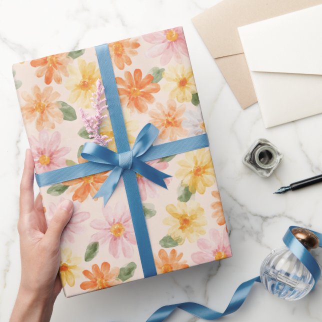 Persika Rosa Gult Blått Blommor Födelsedag Presentpapper (Gifting)