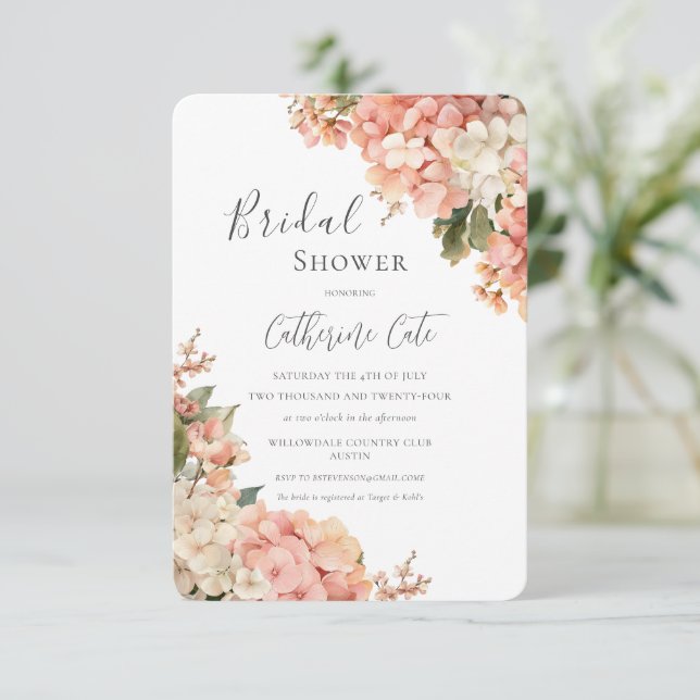 Persika & Rosa Hydrangeor Bröllopsdusch Inbjudningar (Stående Fram)