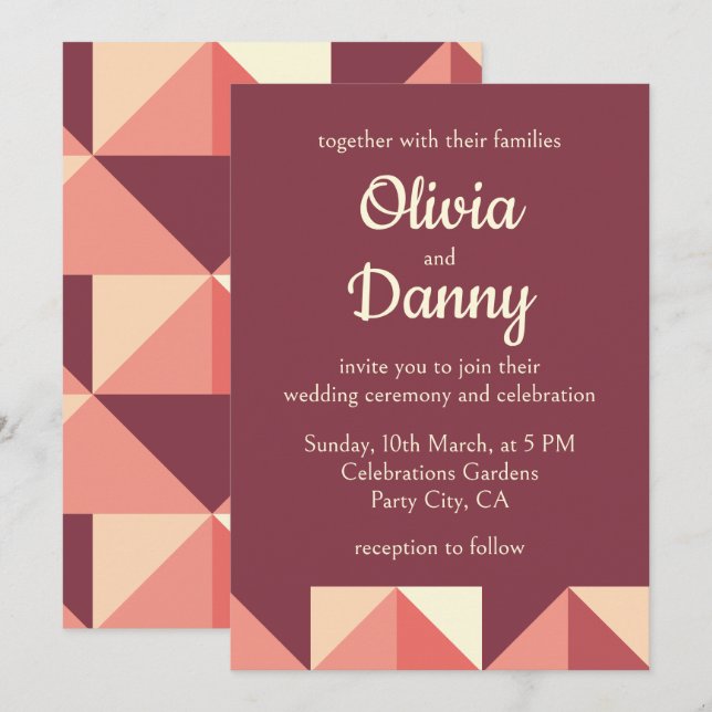 Persika Rosa Lila Triangle Geometric Bröllop Inbjudningar (Fram/baksida)