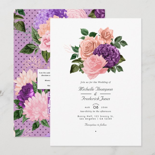 Persika Rosa och Lavendel Lila Blommig Bröllopsfes Inbjudningar (Fram/baksida)