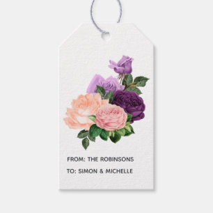 Persika Rosa och Lavendel Lila Blommig Presentetikett