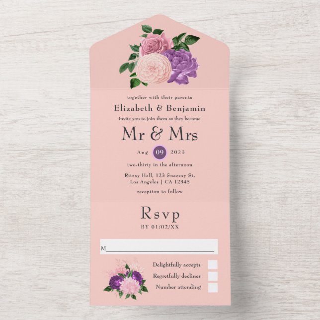 Persika Rosa och Lila Blommig Bröllops Allt-i-ett- (Insida)
