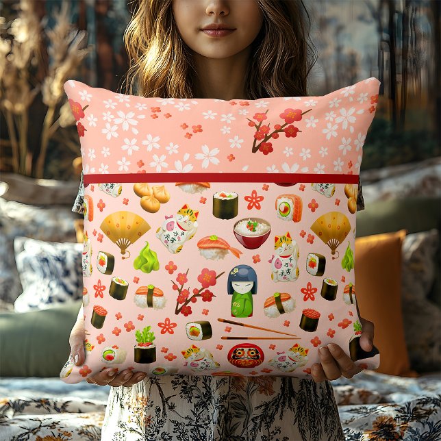 Persika Rosa Sushi med Geisha Girls och Chopsticks Kudde (Skapare uppladdad)