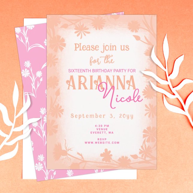 Persika, Rosa Vild Blommor Söta 16 födelsedagar Inbjudningar (peach pink sweet 16 sixteen birthday party invitation wild flowers daisies spring summer template)