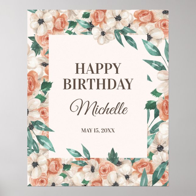 Persika Rosa Vit Blommig Glad Födelsedagsfest Poster (Framsidan)