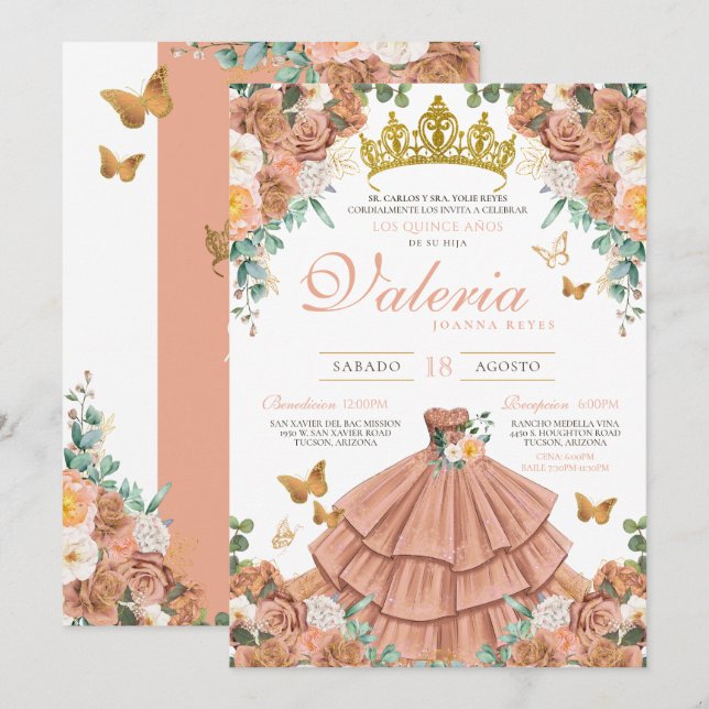Persika Rosegold  Butterfly Quinceanera Inbjudningar (Fram/baksida)