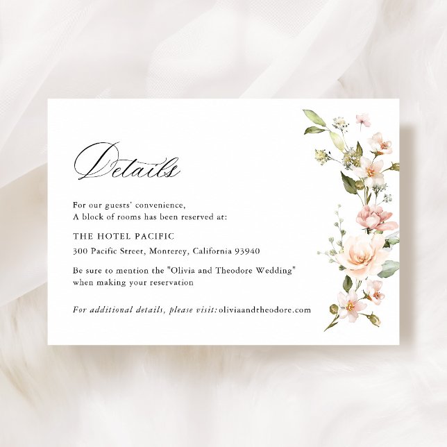 Persika Rosenskiftande Blommig Bröllopshotell Deta Tilläggskort (Peach Blush Floral Wedding Details Card, Hotel Accommodations Card, Botanical Wedding Stationery)