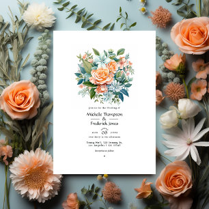 Persika, Sage och Light Blue Blommigt Bröllop Inbjudningar