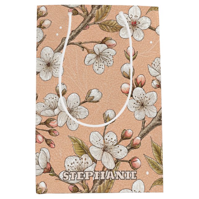 Persika Sakura-grenar Vit Blommig Botanisk (Framsidan)