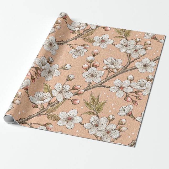 Persika Sakura-grenar Vit Blommig Botanisk Presentpapper (Utrullad)
