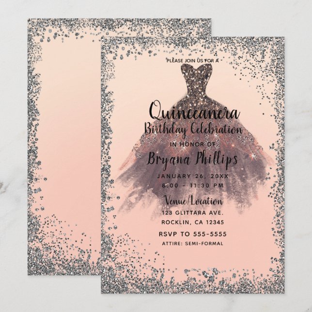 Persika & Silver Glitter Festklänning Quinceañera  Inbjudningar (Fram/baksida)