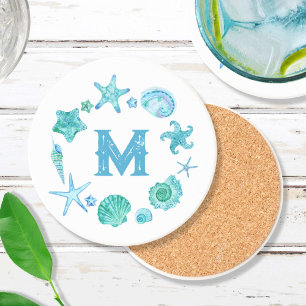 Persika Snäckor vid kusten och Starfish Monogramme Underlägg