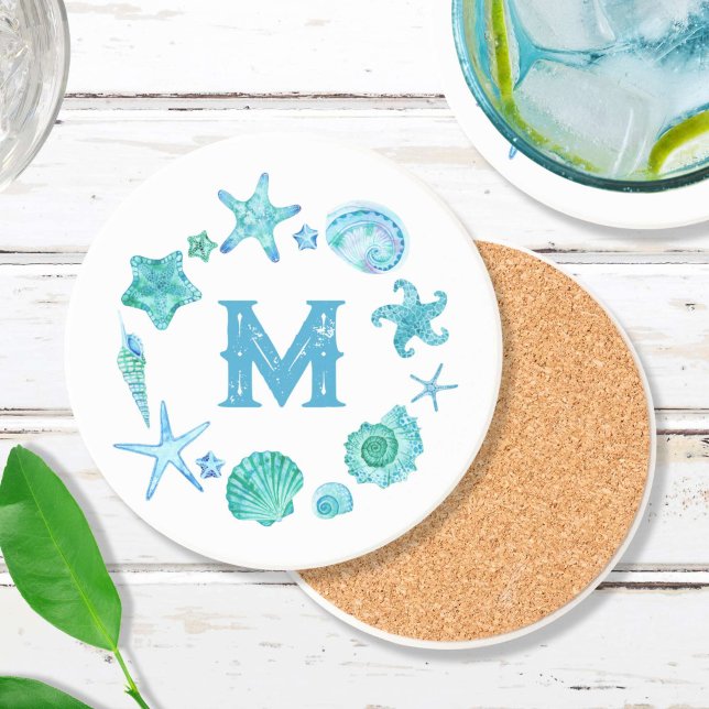 Persika Snäckor vid kusten och Starfish Monogramme Underlägg (Beach Coastal Sea Shells and Starfish Monogrammed Coaster)
