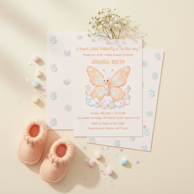 Persika Sorbet Fjäril Söt Baby Shower Inbjudningar (Peach Sorbet Butterfly Sweet Baby Shower Invitation)