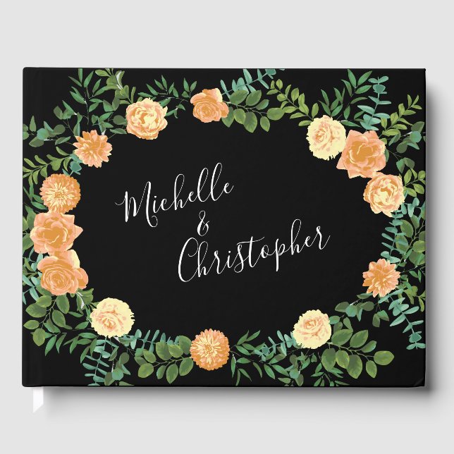 Persika & Svart Peony & Ros Blommig Bröllop Gästböcker (Framsida)