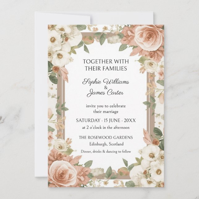 Persika Taupe Boho Blommig Bröllopsinbjudan Inbjudningar (Framsida)