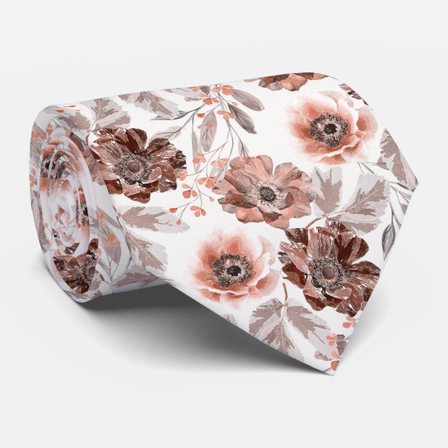 Persika, teracotta blommor på vitt slips (Rullad)
