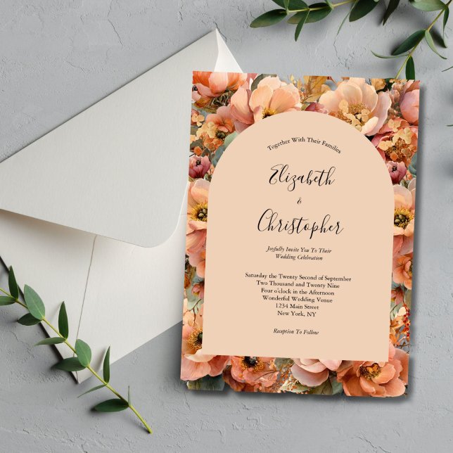 Persika Terrakotta Akvarell Blommig Elegant Bröllo Inbjudningar (Peach Beige Terracotta Gold Watercolor Florals Modern Arch  Elegant Wedding Invitation, Printed )