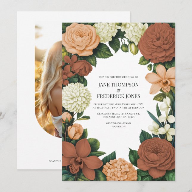 Persika, Terrakotta & Crème Blommig Bröllop Inbjudningar (Fram/baksida)