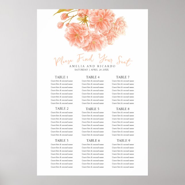 Persika vårblomning bröllops sittplatsschema affis poster (Framsidan)