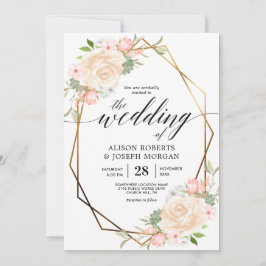 Persika vattenfärgen guld geometrisk ram bröllop inbjudningar