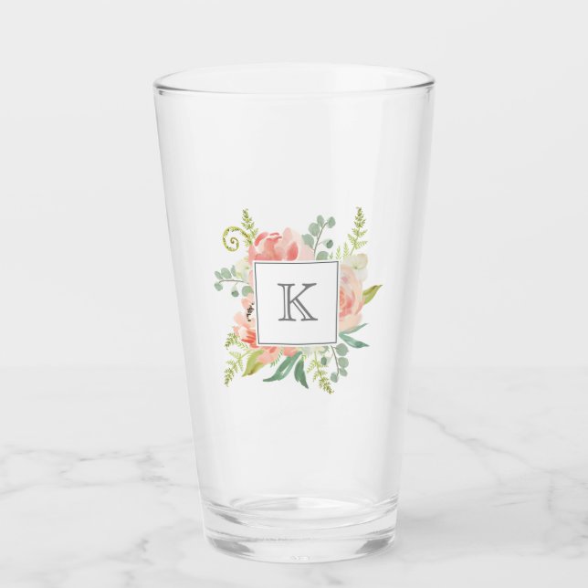 Persika vattenfärgen med Blommigten Monogram Glaskopp (Framsida)