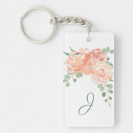 Persika vattenfärgen med Blommigten Monogram Nyckelring